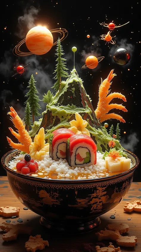 **AI Art Prompt: "Sushi Cosmos in a Lacquer Bowl"**  

A lavish, hyper-detailed Japanese lacquer bowl (black and gold *maki-e* patterns) cradles a microcosm of edible chaos, with **no humanoid elements**. At its center: a **sushi roll "mountain"** wrapped ...