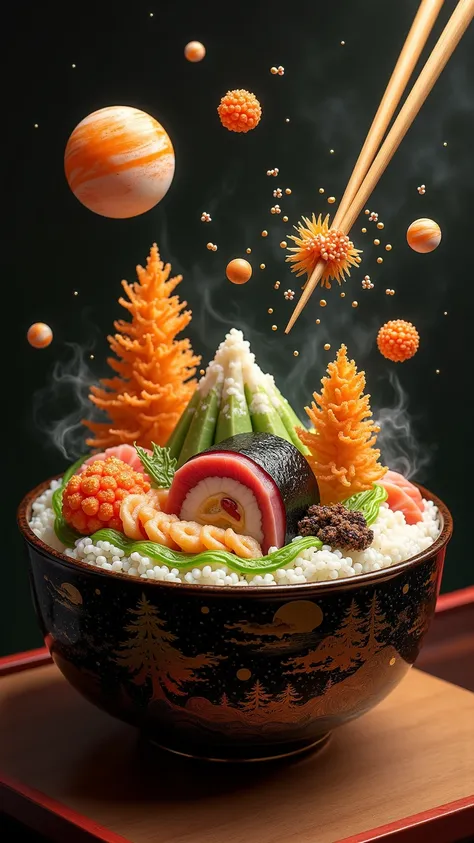 **AI Art Prompt: "Sushi Cosmos in a Lacquer Bowl"**  

A lavish, hyper-detailed Japanese lacquer bowl (black and gold *maki-e* patterns) cradles a microcosm of edible chaos, with **no humanoid elements**. At its center: a **sushi roll "mountain"** wrapped ...