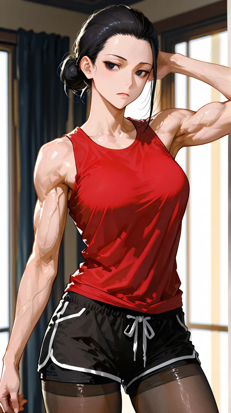 woman. black hair pulled back tightly. black eyes. face without emotions. average build. no muscles. red sleeveless T-shirt without details. very short wide oversized black short. wide hips. muscles on the thighs. transparent tights. Belyts background lez ...