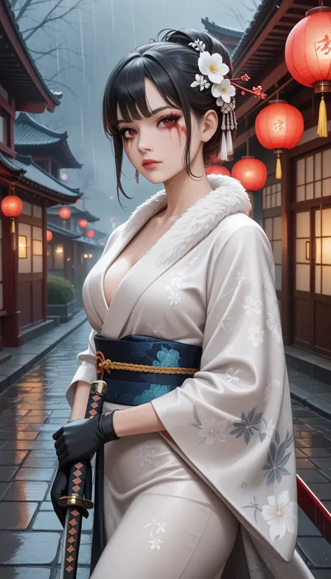 (masterpiece, best quality, ultra-detailed, 8k, highres), 
1girl, young woman, black hair in an elegant updo, floral hair ornament, white flower accessory, 
sharp bangs, red eyes, pale skin, 
wearing a luxurious white kimono with subtle floral patterns, fu...