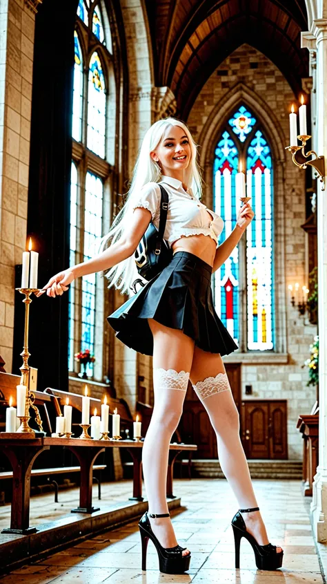   drunk girl at a house party, Swedish-looking girl    , long white hair,  very long hair ,  hair is thick  , skinny girl 

creased blouse, 
pleated mini skirt
Lace stockings, lace high platform shoes with high heels
White backpack

A girl in a church crou...