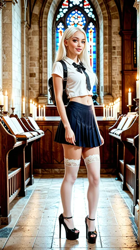   drunk girl at a house party, Swedish-looking girl    , long white hair,  very long hair ,  hair is thick  , skinny girl 

creased blouse, 
pleated mini skirt
Lace stockings, lace high platform shoes with high heels
White backpack

A girl in a church crou...