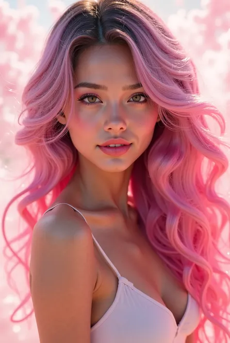 Create a 22-year-old woman whose skin tone is brunette and whose hair is wavy in pink and white 