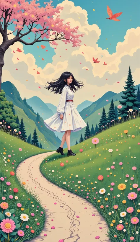 kawaii anime style , Walking in the Wind, portrait of a human figure walking in a windy landscape leaves of trees flying dandelion seeds, cloudy sky , walking along a dirt road, dust rises in the wind, el hombre va contra el viento como handiendo fuerza ...