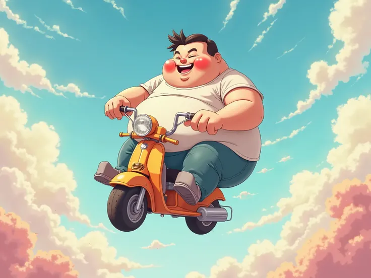 A very cute fat guy sitting on a small motorcycle, And flying the bike, 8k, detailed, anime, design