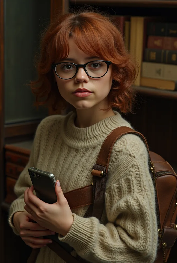 Jenna Ortega as a Miskatonic University Student. Lovable Bookworm and Occult Enthusiast. Petite with messy auburn hair, large glasses, and a sweater that seems a size too big. Her satchel always bulges with dusty tomes. Shy, inquisitive, and endearingly cl...