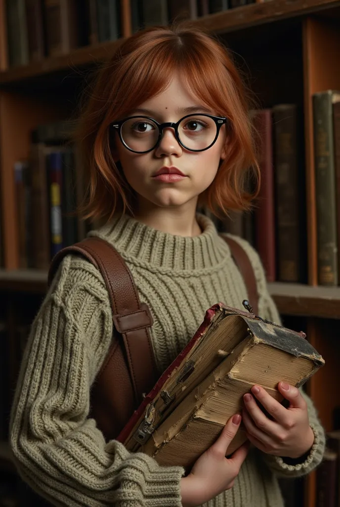 Jenna Ortega as a Miskatonic University Student. Lovable Bookworm and Occult Enthusiast. Petite with messy auburn hair, large glasses, and a sweater that seems a size too big. Her satchel always bulges with dusty tomes. Shy, inquisitive, and endearingly cl...