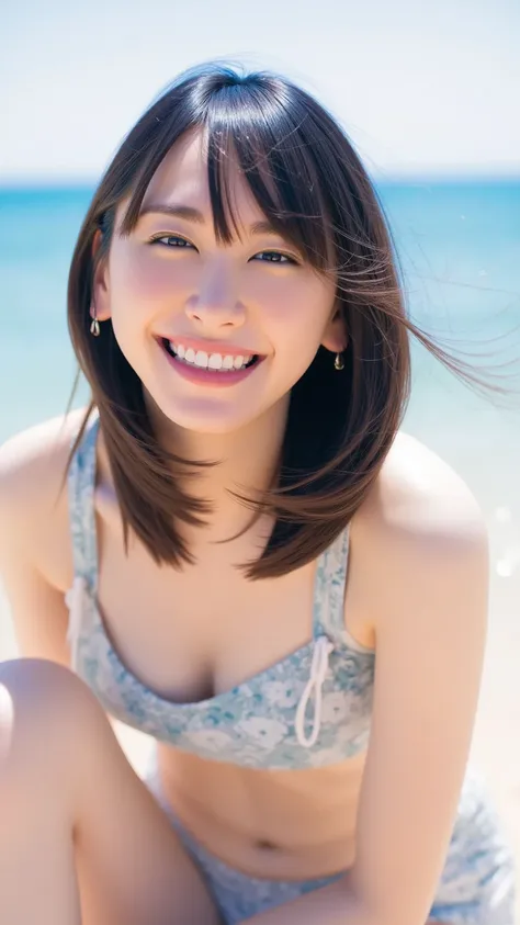 One beautiful and cute woman、Woman Sitting at the Beach、Jet Black Hair、very long hair、bangs、micro bikini、chestの谷間、Upper breast、chestの間、chest、豊満なchest、 real 、 4K resolution、advanced details、realistic、HDR、UHD、Studio Lighting、Fine painting、sharp focus with bu...