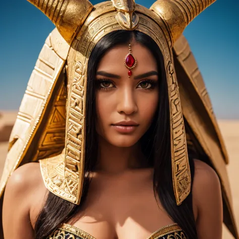 photograph of the goddess Isis, ornate, Egypt, intense exotic face, mystical aura, dust, debris, tanned skin, Ankh, Black Eyeliner, black hair, clothing transparent white silk sheath dress, solar disk and cowâs horn headdress, beauty, with desert pyramid...