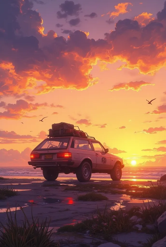  A car is traveling towards sunset(4wd)Art, The roof rack is loaded with luggage,The road continues until sunset,Emphasis on perspective ,The near part of sunset、The farthest part is spread, The sunset is reflected on the ground or the surface of the water...