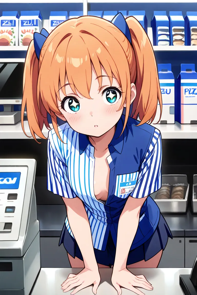 Lawson store clerk, 1girl ,NSFW, undressing,Pretty Girl,cash register counter,looking at me, undressing,18+,Now Available,Pizuri