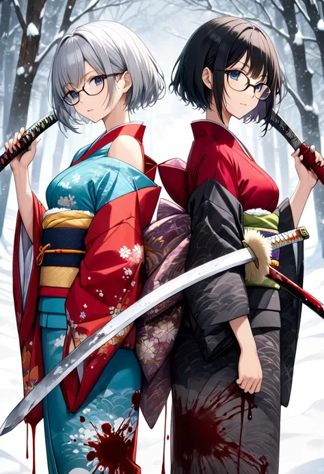 score_9, score_8_up, score_7_up, score_6_up, score_5_up, score_4_up, source anime,2girl,twins,black short hair,medium breasts,wearing glasses,japanese traditional kimono printed winter pattern,bare shoulder,cleavage cutout,blash up own hair,holding one lon...