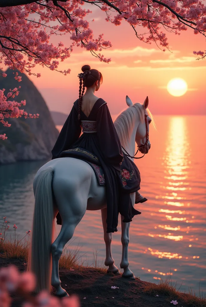 1 kunoichi girl. Sits on a white tall realistic horse. The girl is wearing a traditional Japanese black dress on her naked body. background: beautiful cliff. The beautiful sea of Japan.  Cherry blossoms . gorgeous sunset . The sunset is reflected in the se...