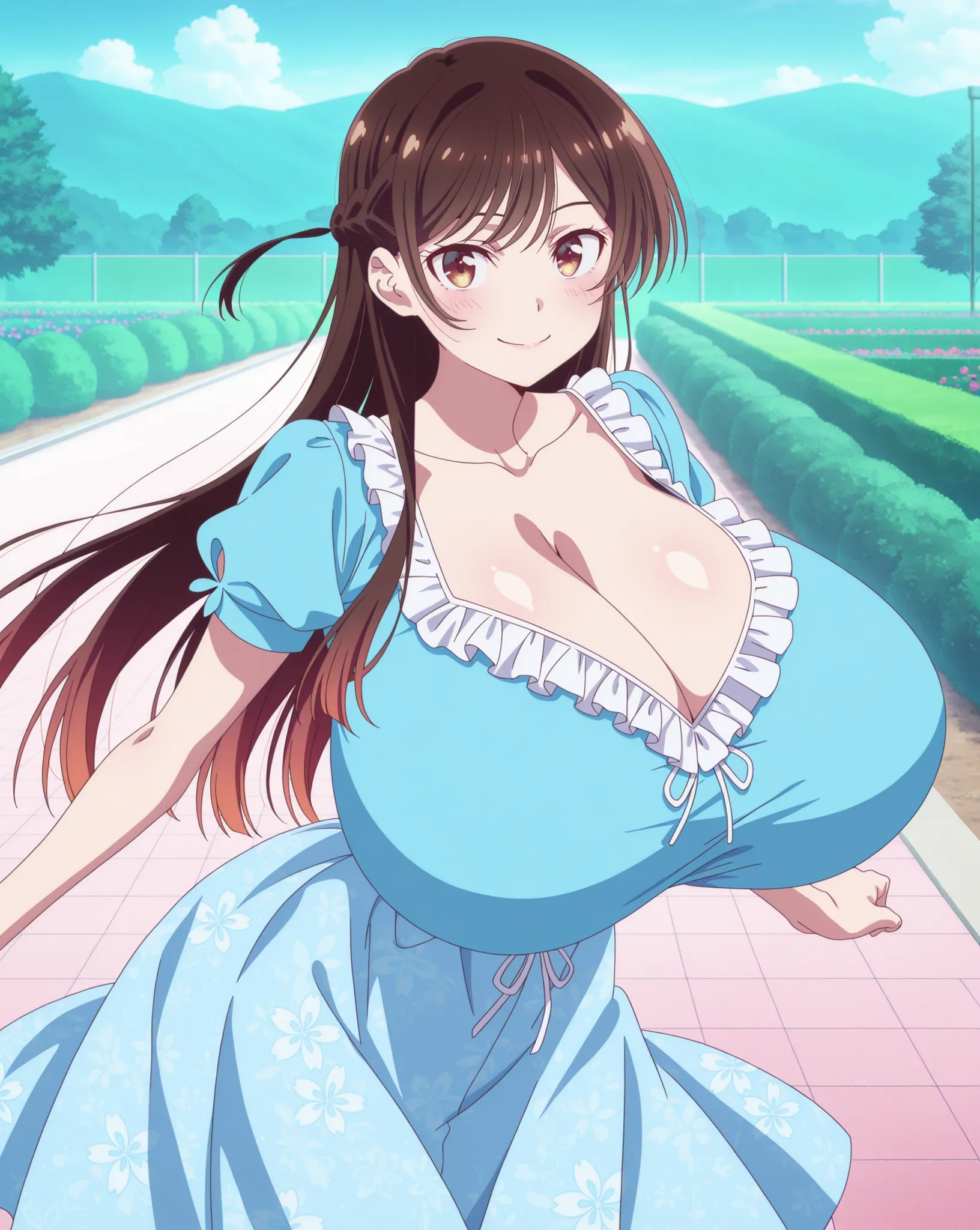 score_9, score_8_up, score_7_up, source_anime, anime coloring, anime screencap, 1 girl, solo, Chizuru Mizuhara (Kanojo Okarishimasu), brown hair, shiny hair, brown eyes, long hair, braid, happy expression, small smile, white beautiful skin, gigantic breast...