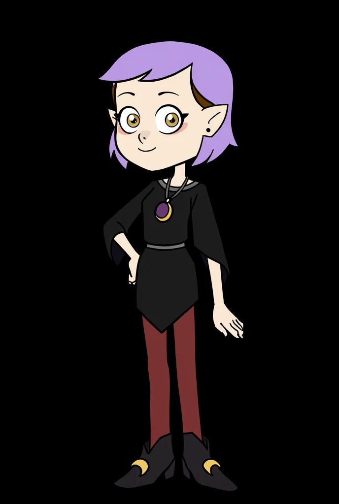  AmityBlight, makeup, black earrings, yellow eyes, short hair, (purple hair:1.4), pointed ears, black shirt, long sleeves, loose-fitting shirt, amulet, anime, Disney animation, cartoon 