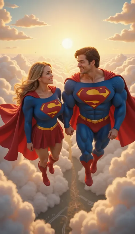 **"A breathtaking, ultra-detailed 8K cinematic illustration of Helen Slater as Supergirl and Christopher Reeve as Superman soaring through the sky together, hand in hand. Their capes billow behind them, catching the golden sunlight as they glide effortless...