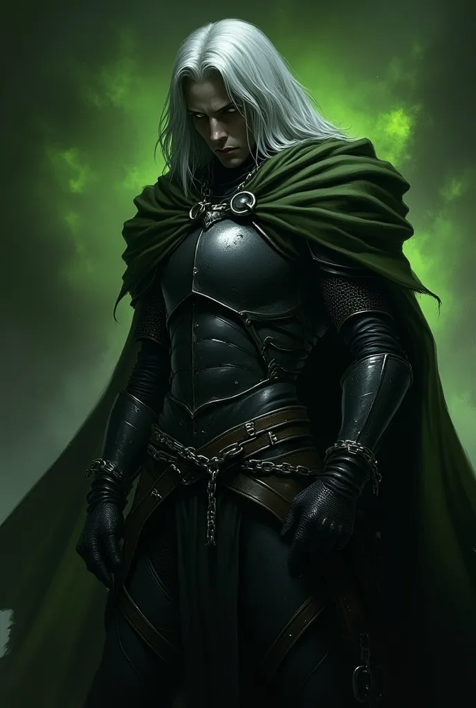 male, black armor , dark green cloak, Murderer, oblique posture, Detailed face, is bound by magic chains with a green glow, man, masculinity, silver long hair, slim build, portrait,