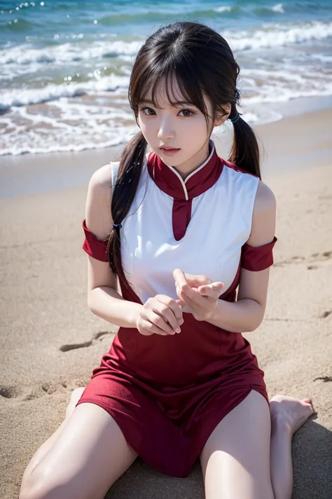 Arafed Asian woman, sitting on her knees on the beach in a short-sleeved red velvet dress, sexy pose, beautiful Korean woman, Korean woman in a short-sleeved red velvet dress, Korean woman with pigtails, beautiful young Korean woman, realistic young Korean...