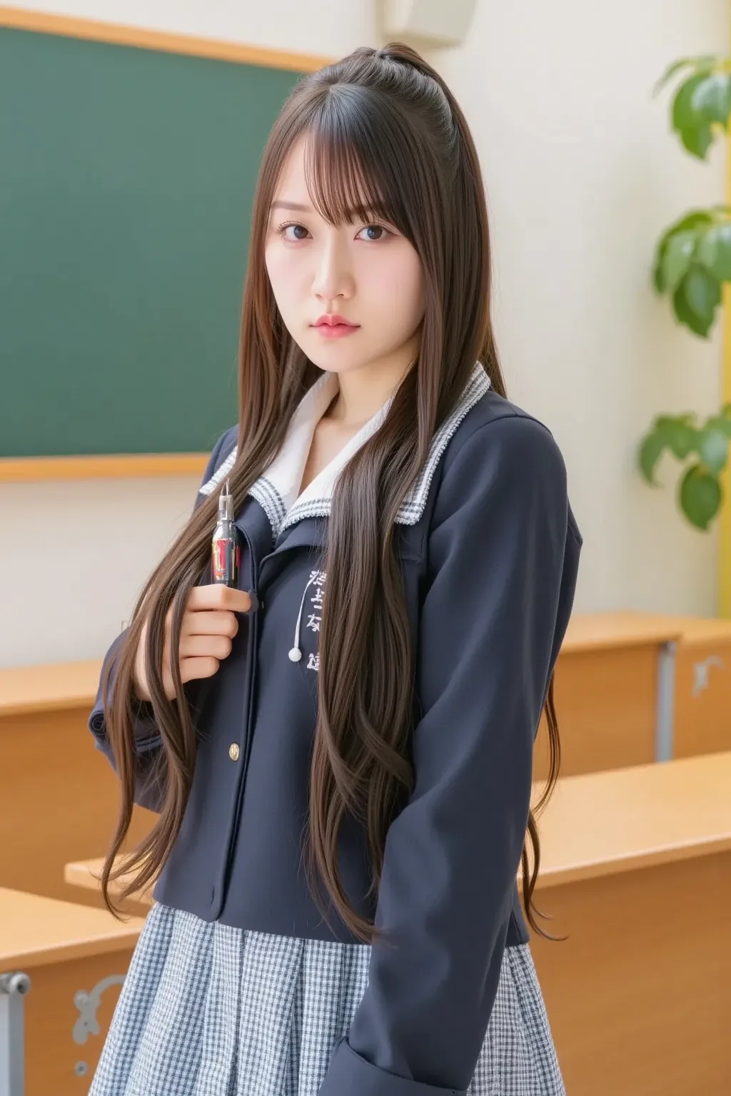 "Portrait of a Japanese high school student standing in a classroom. The student is wearing a traditional school uniform with a navy blazer and a checkered skirt. The classroom is filled with wooden desks, a blackboard in the background, and natural light ...