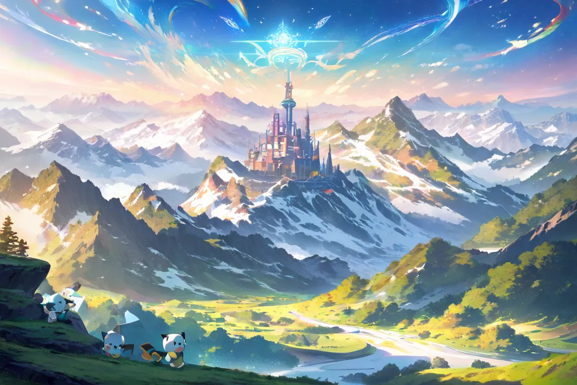 Pokémon Legends Arceus, Mountain in distance, pikachu, oshawott, Detail, High Resolution, HD, 