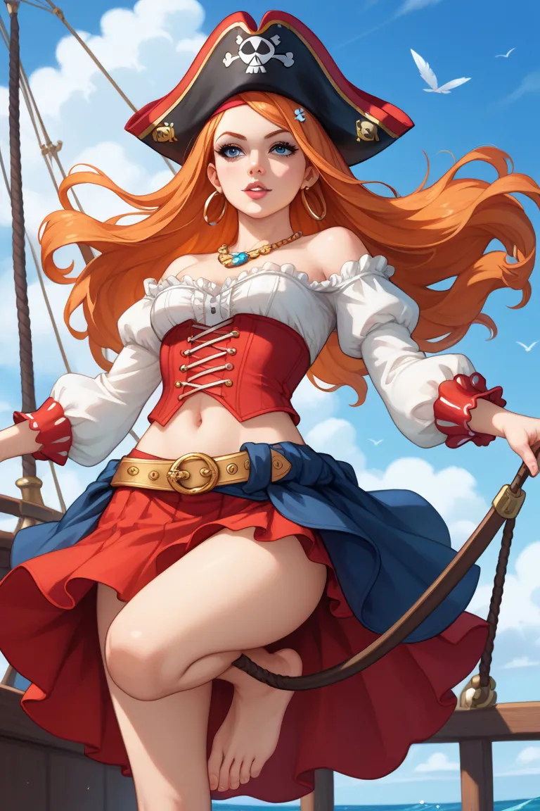 For a pirate-inspired outfit for Orihime, with the rule of showing her navel and feet:

Top: A short, off-the-shoulder pirate blouse, white with puffy sleeves, cropped just below her chest to reveal her navel. A dark red corset with golden laces wraps arou...