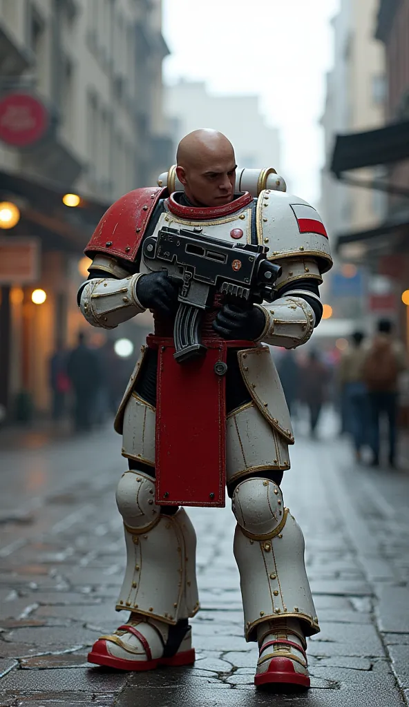 Polish Astarte Kapitan aiming with one hand at the viewer a "bolter pistol" on the futuristic street from the warhammer40k universe. He has a polish flag patch on his arm and ((no helmet on his head)), the armor is white and red with gold ornament's. Full-...