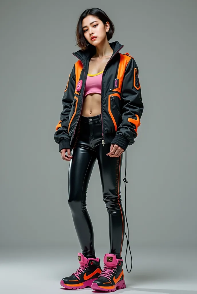 Full-body portrait of a futuristic woman with a retro hacker aesthetic. She has a melancholic and slightly depressed expression, yet her beauty and confidence are undeniable. Her outfit reflects the style of a high-fashion enthusiast, blending futuristic m...