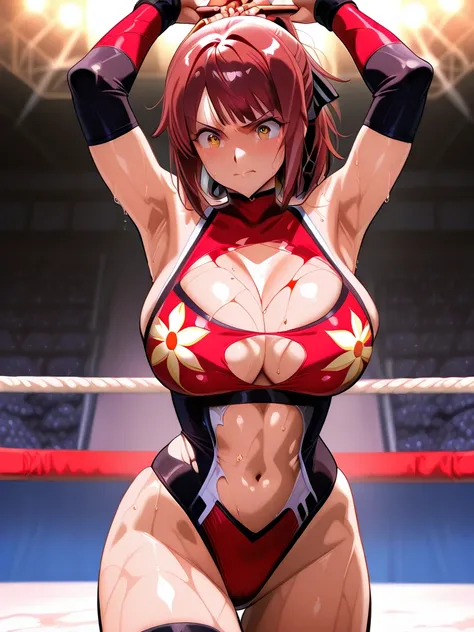 Female wrestler, Japanese, veteran,A sexy costume with a red rising sun flag pattern on white fabric,wrestling match, fork stuck in chest, blood splatter, defeat, falling, costume torn,