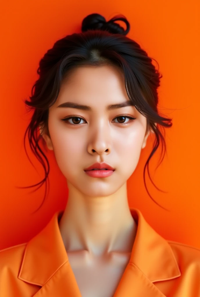 photography, orange hue, Korean woman model, solid orange backdrop, using a camera setup that mimics a large aperture, f/1.4 --ar 9:16 --style raw