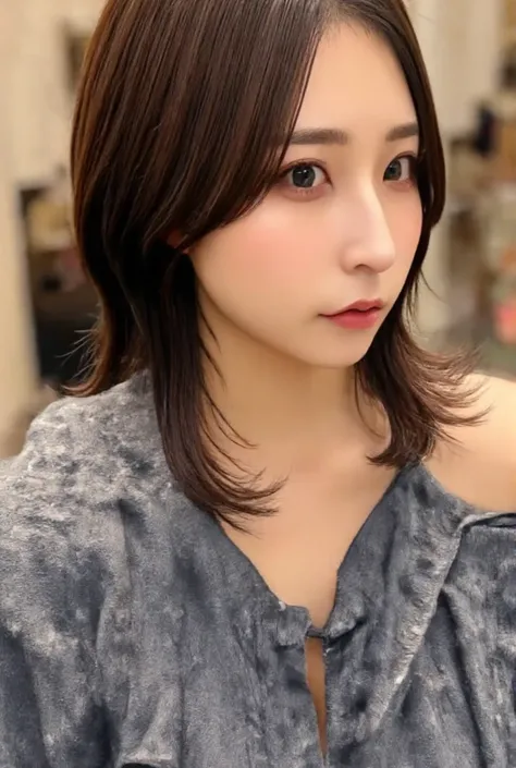 Small face、  Japanese、   black hair、 Uncut Bob、bangsあり、realistic skin texture、Ultra High Precision、 23 years old、smiles, bangs, textured skin, 