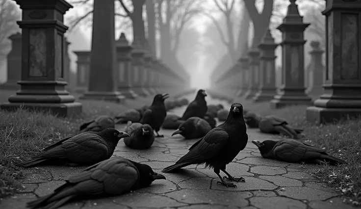 A group of dead black crows, their bodies dismembered in a dark cemetery, black and white picture
