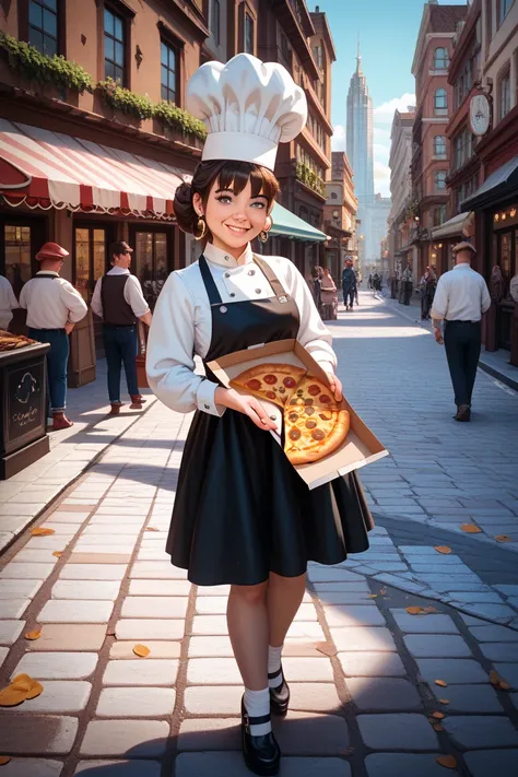 5 mice raise their hands、and they all carry a big pizza。German cityscape、 Cobblestone Road 