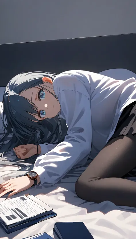 , Alone,  lies, , in bed, indoors,  lies in bed, black tights,  long hair,  asymmetrical bang ,flat chest, oversized long sleeve white shirt,   see-through shirt , viewers, from below, Lying down with one knee up