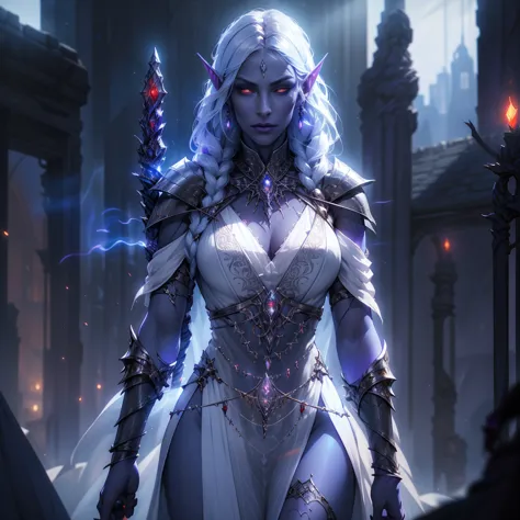 1girl, sexy drow, purple-blue skin, pale silver long elaborate braids, ((red eyes)), jewels, elf ears, earrings, ((transparent white sorceress sexy dress)), ((wields staff)), ((cast light magic)), on a roof of scyscraper, athletic, volumetric lighting, bes...