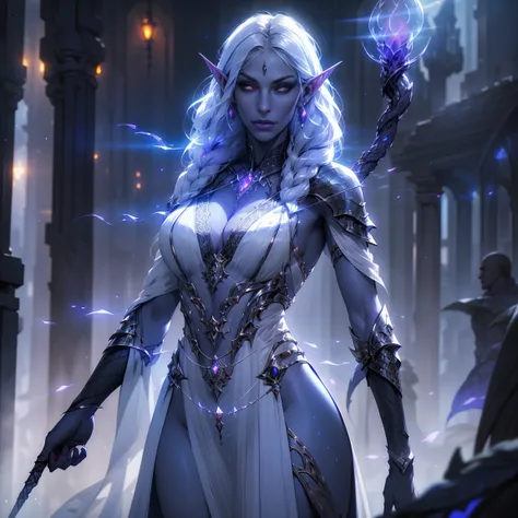 1girl, sexy drow, purple-blue skin, pale silver long elaborate braids, ((red eyes)), jewels, elf ears, earrings, ((transparent white sorceress sexy dress)), ((wields staff)), ((cast light magic)), on a roof of scyscraper, athletic, volumetric lighting, bes...