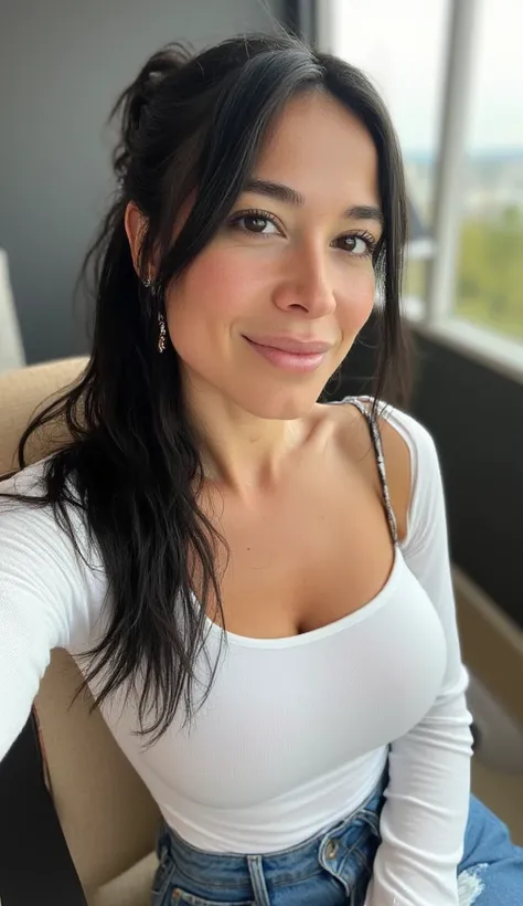 Natural posture, selfie, Sitting in the office, black hair largo, the hair is tied up in an informal ponytail, This girl's body, black hair, long white bandeau t-shirt, there is a tight white sweater on the desk, skinny jeans,  huge  breasts, Perfect body,...