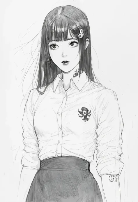 score_9, score_8_up, score_7_up, score_6_up, score_5_up, score_4_up, BREAKsketch, shinji_chibana_artstyle, traditional pencil style, pencil drawing, monochrome, detailed background, detailed background, Asian, white shirt, black skirt, rolled up sleeves, s...