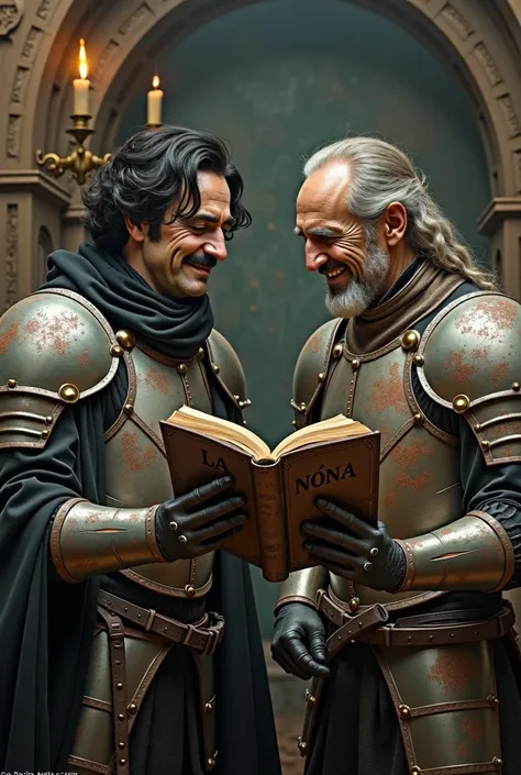 image where Edgar Allan Poe appears in a suit wearing a raven on his shoulder and Don Quixote with his rusty armor reading a book and laughing about it that has the title "La Nona" On the very large cover.