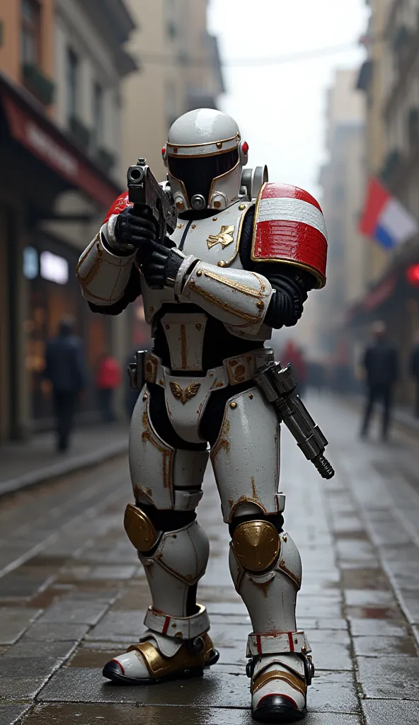 Polish Astarte Kapitan aiming with one hand at the viewer a "bolter pistol" on the futuristic street from the warhammer40k universe. He has a polish flag patch on his arm and ((no helmet on characters head)), the armor is white and red with gold ornament's...