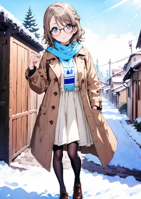 score_9, score_8_up, score_7_up, Alone, 1 girl, Watanabe, short hair,Medium breast,half updo,Glasses,, duffle coat,(sweater :1.2),( turtleneck:1.2),blue scarf , white long skirt,black pantyhose,shoes, Bbo~,snow,morning,standing,full bodyがイラストに入るように,
b...