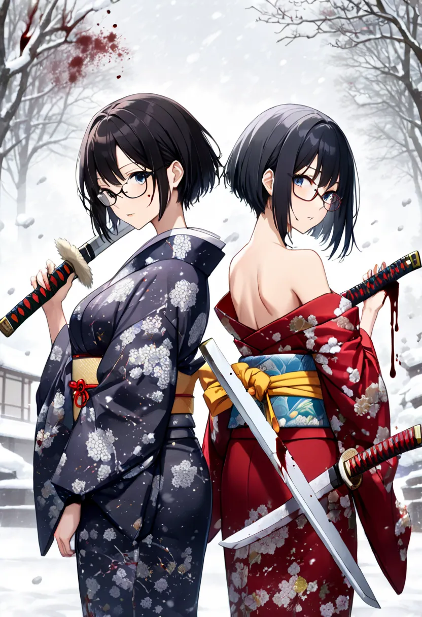 score_9, score_8_up, score_7_up, score_6_up, score_5_up, score_4_up, source anime,2girl,twins,black short hair,medium breasts,wearing glasses,japanese traditional kimono printed winter pattern,bare shoulder,cleavage cutout,blash up own hair,holding one lon...