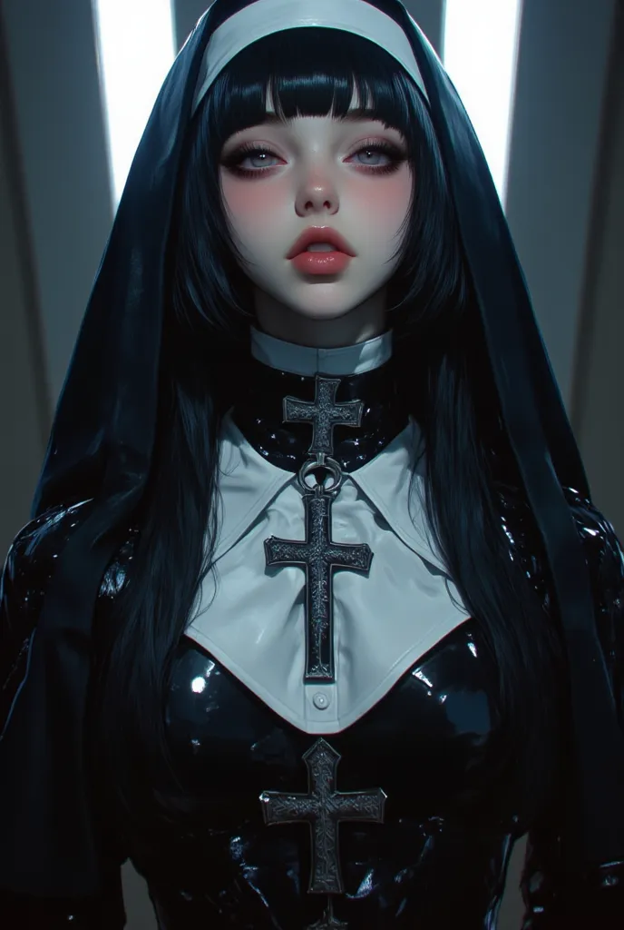 (1 girl, french bob black haircut, ,,, nun girl attire, oily skin, blush,wet skin, jennie kim, black lips, cleavage, big breast