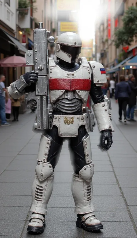 Polish Astarte Kapitan has in  one hand a "bolter pistol" on the futuristic street from the warhammer40k universe. He has a polish flag patch on his arm and ((no helmet on characters head)), the armor is white and red with gold ornament's. Full-body view. ...