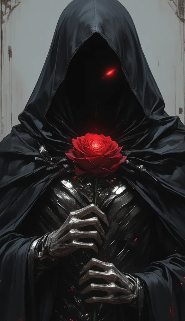 (masterpiece), Grim Reaper with a black tunic covering her face, is looking down at a red rose that holds in his skull-like hand, cowboy shot,  (best quality:1.4), (ultra highres:1.2), (hyperrealistic:1.4), (photorealistic:1.2), dark colours, dinamic pose,...