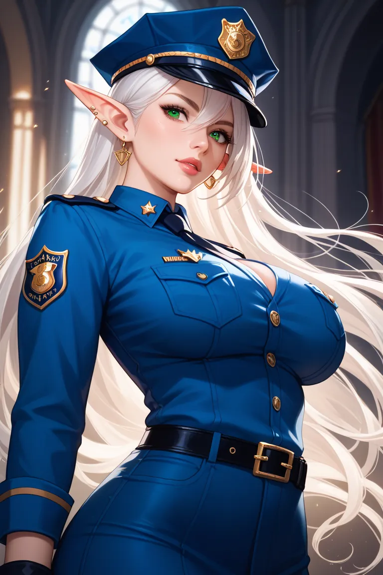 eleven, white hair, green eyes, voluptuous body, police costume, official elf