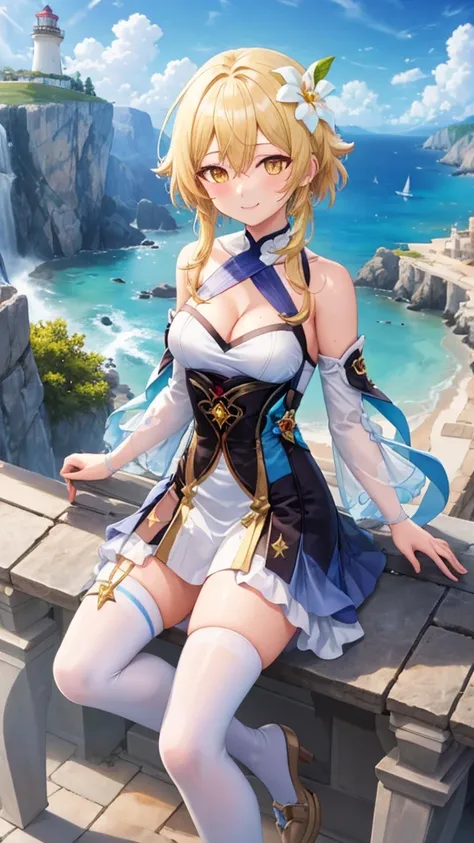 ((masterpiece)),(best quality),official art,extremely detailed CG,unity 8k wallpaper,ultra detailed,A lighthouse on a cliff by the sea,1girl,solo,upper body,looking at viewer,lumine (genshin impact),blonde hair,hair flower,hair ornament,yellow eyes,white d...