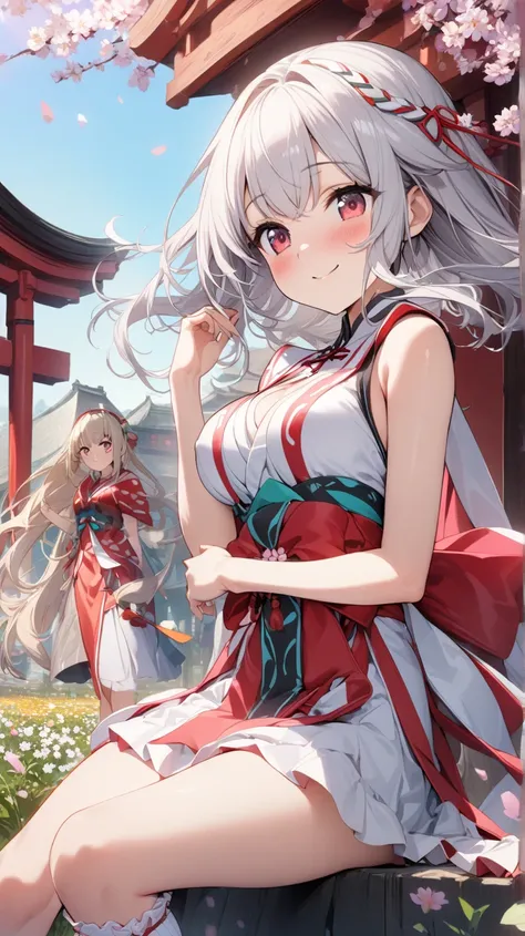 1 girl、 shrine maiden clothes(sleeveless、miniskirt)、is sitting、ruffle socks、low angle、embarrassing、cross lace legwear with visible chin、masterpiece、Highest quality、 Silver Hair、Scarlet Eyes、moderately developed breasts、Pretty Girl、 cute hairstyle。kind smil...