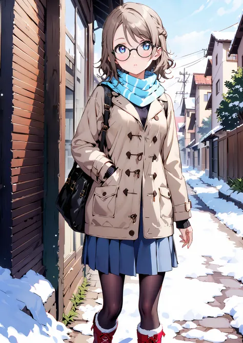 score_9, score_8_up, score_7_up, Alone, 1 girl, Watanabe, short hair,Medium breast,half updo,Glasses, duffle coat,(sweater :1.2),( turtleneck:1.2),blue scarf , white long skirt,black pantyhose,shoes, snow boots ,snow,morning,standing,full bodyがイラストに入る...
