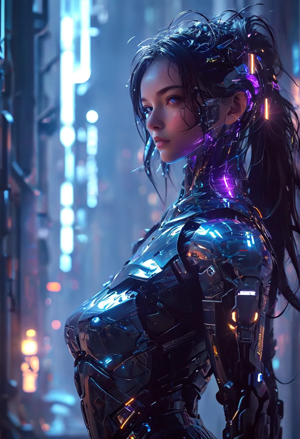 (future technology), (Mecha face close-up), blue to purple gradient background, Fantasy space city background, Fantastic light and shadow effects