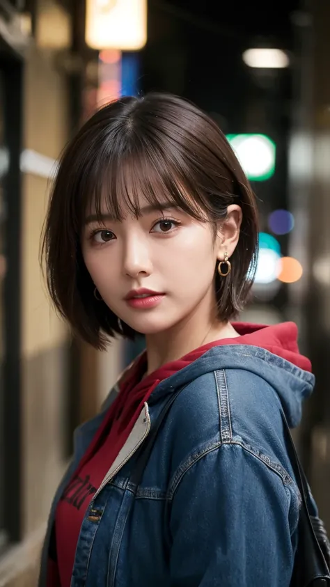 (Highest quality, masterpiece:1.3, Ultra High Definition ),(very detailed,caustics,8k), (photorealistic:1.4, RAW shooting), Japanese,50 years old, natural brown short hair,earrings, natural cosmetics, red lipstick,black hoodie,jeans,Rainy Sky,Dim Alley,Low...